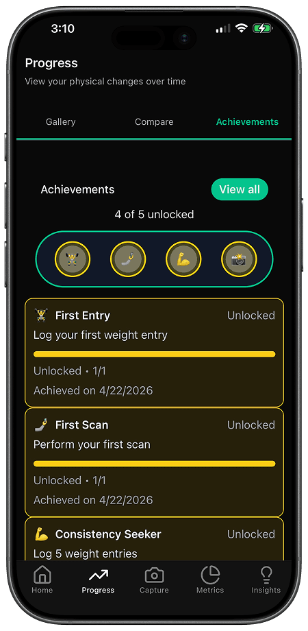 PhysiqueIQ achievements screen showing unlocked milestones and progress rewards